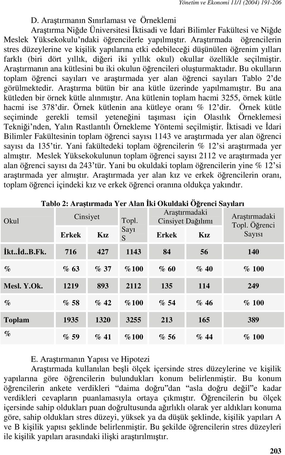 Ara t rmada ö rencilerin stres düzeylerine ve ki ilik yap lar na etki edebilece i dü ünülen ö renim y llar farkl (biri dört y ll k, di eri iki y ll k okul) okullar özellikle seçilmi tir.