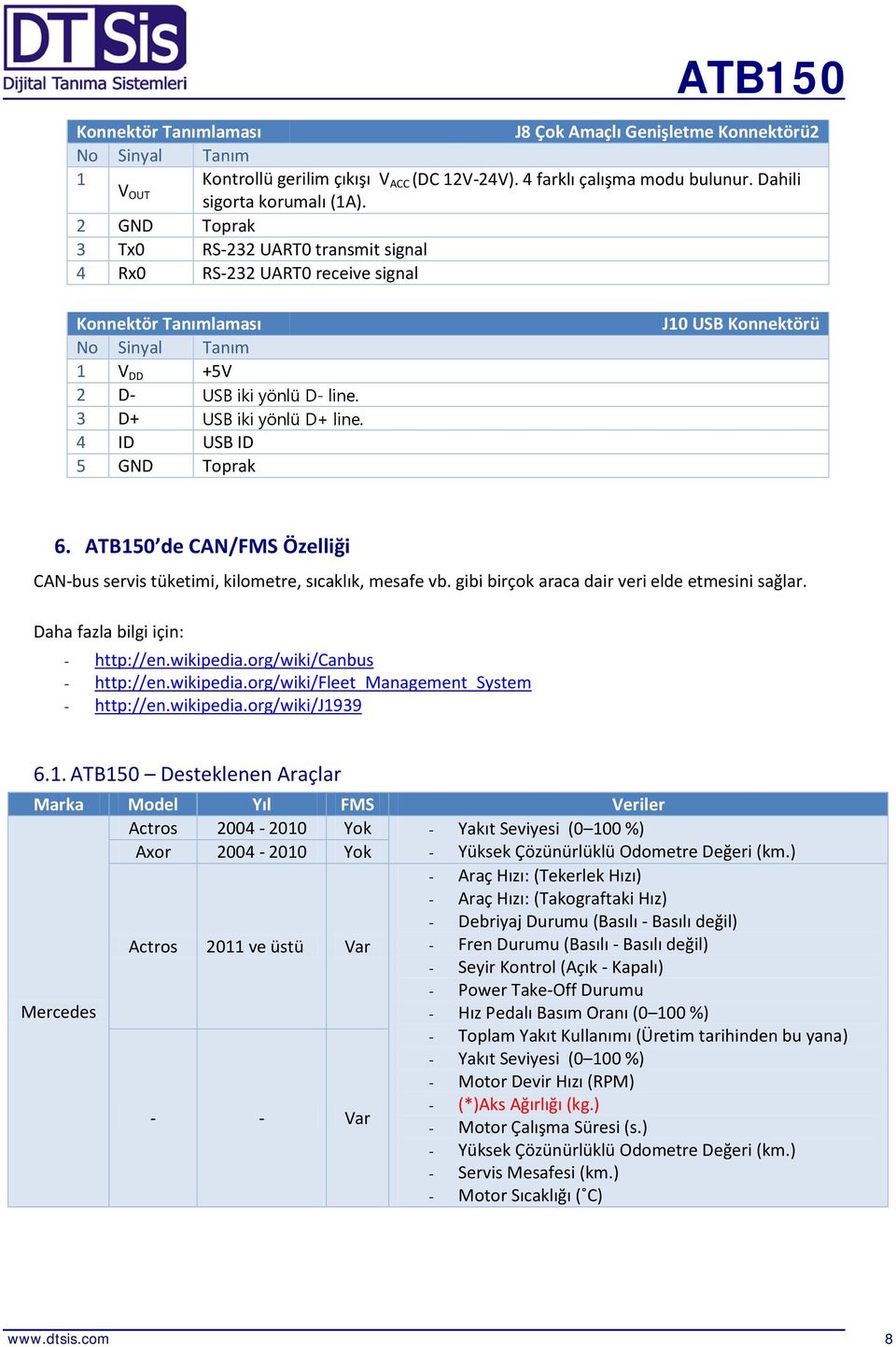 4 ID USB ID 5 GND Toprak J10 USB Konnektörü 6. de CAN/FMS Özelliği CAN-bus servis tüketimi, kilometre, sıcaklık, mesafe vb. gibi birçok araca dair veri elde etmesini sağlar.