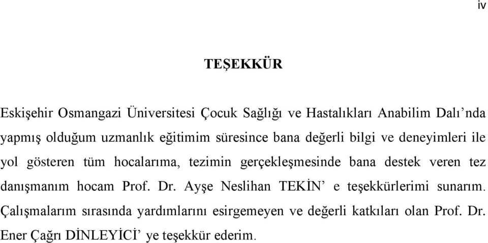 gerçekleşmesinde bana destek veren tez danışmanım hocam Prof. Dr. Ayşe Neslihan TEKİN e teşekkürlerimi sunarım.