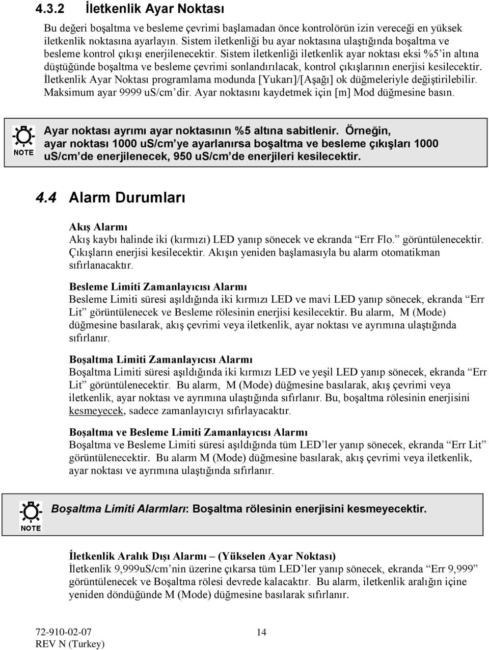 Sistem iletkenliği iletkenlik ayar noktası eksi %5 in altına düştüğünde boşaltma ve besleme çevrimi sonlandırılacak, kontrol çıkışlarının enerjisi kesilecektir.