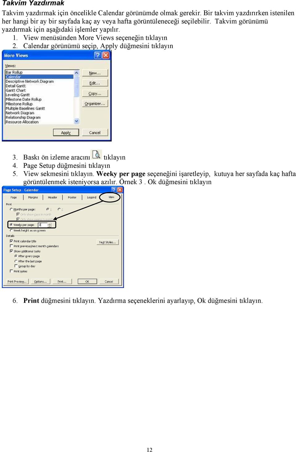 1. View menüsünden More Views seçeneğin tıklayın 2. Calendar görünümü seçip, Apply düğmesini tıklayın 3. Baskı ön izleme aracını tıklayın 4.