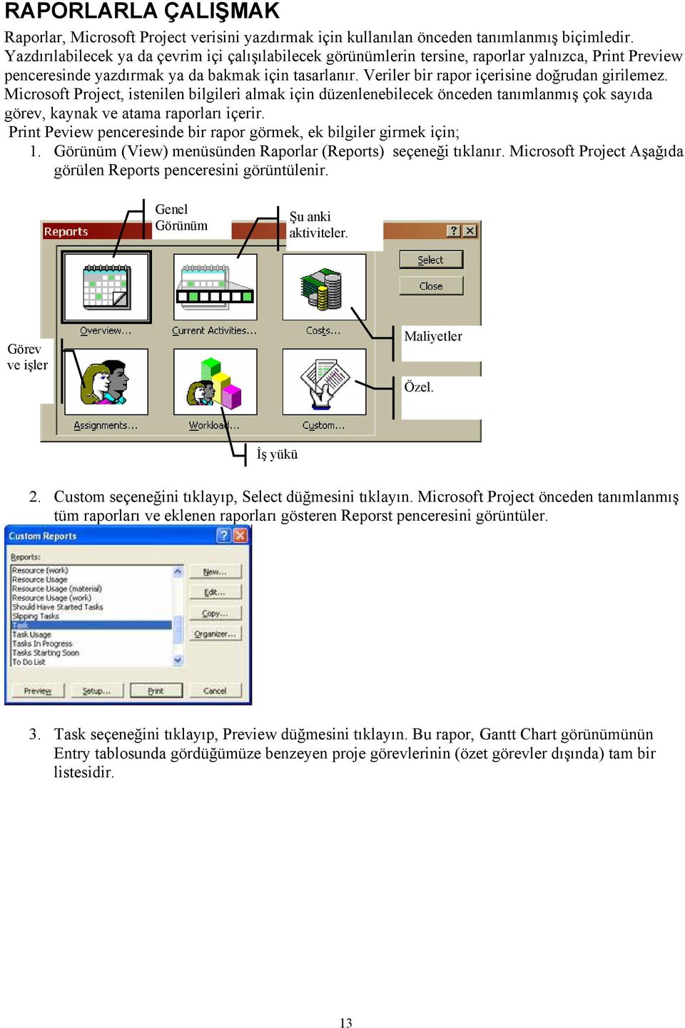 Veriler bir rapor içerisine doğrudan girilemez. Microsoft Project, istenilen bilgileri almak için düzenlenebilecek önceden tanımlanmış çok sayıda görev, kaynak ve atama raporları içerir.