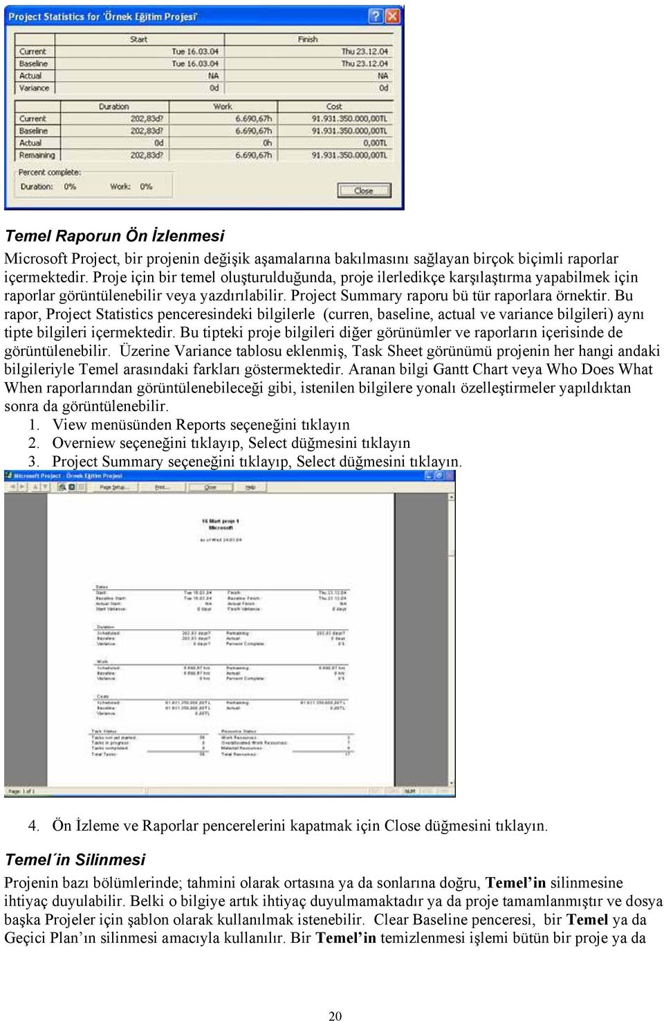 Bu rapor, Project Statistics penceresindeki bilgilerle (curren, baseline, actual ve variance bilgileri) aynı tipte bilgileri içermektedir.