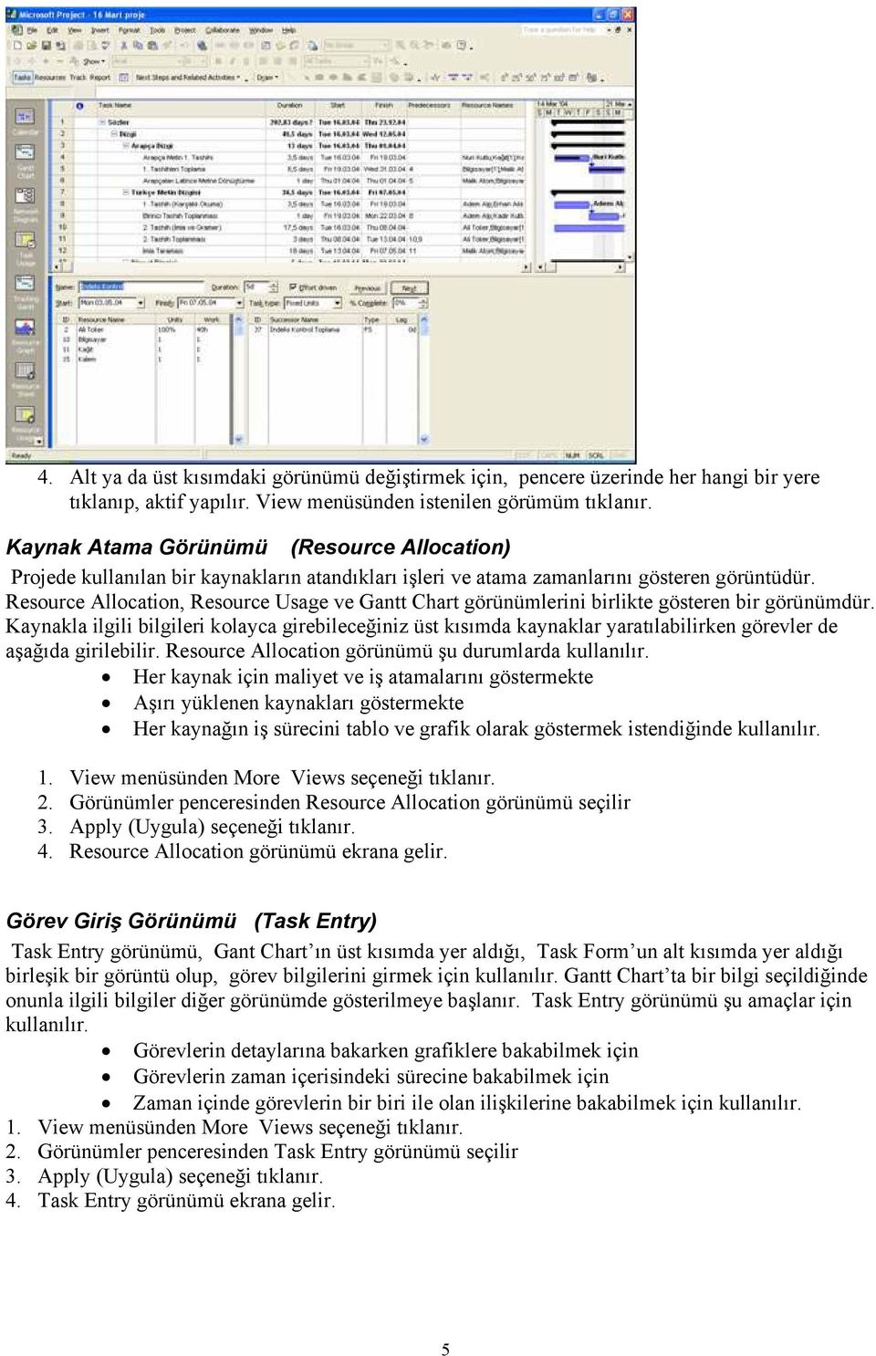 Resource Allocation, Resource Usage ve Gantt Chart görünümlerini birlikte gösteren bir görünümdür.