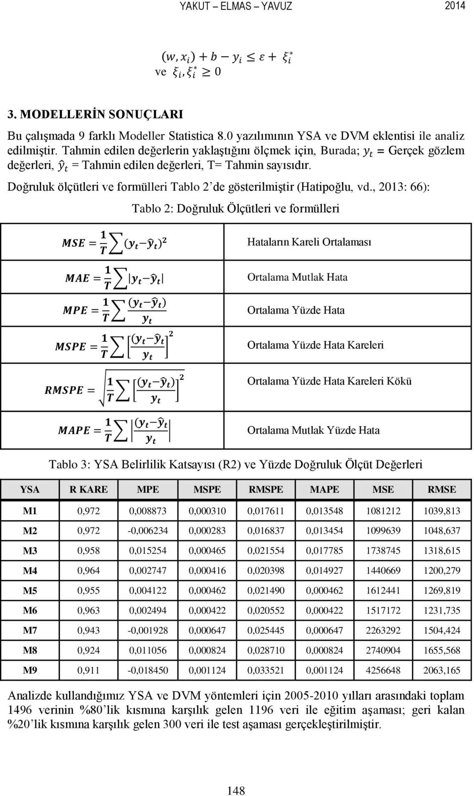 Doğruluk ölçütleri ve formülleri Tablo 2 de gösterilmiģtir (Hatipoğlu, vd.