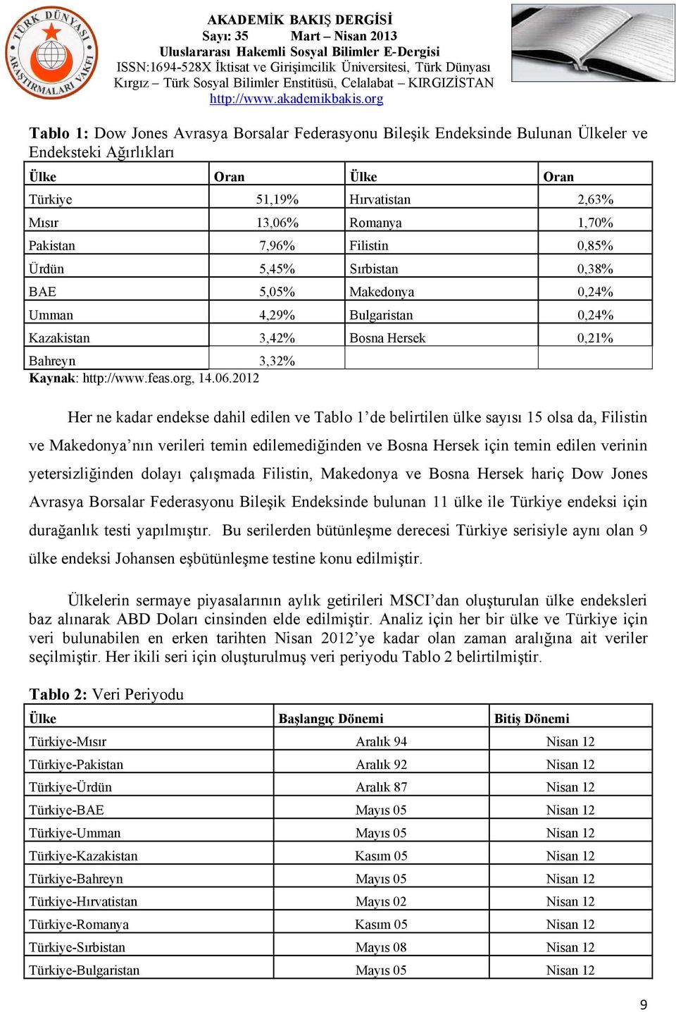 2012 Her ne kadar endekse dahil edilen ve Tablo 1 de belirtilen ülke sayısı 15 olsa da, Filistin ve Makedonya nın verileri temin edilemediğinden ve Bosna Hersek için temin edilen verinin