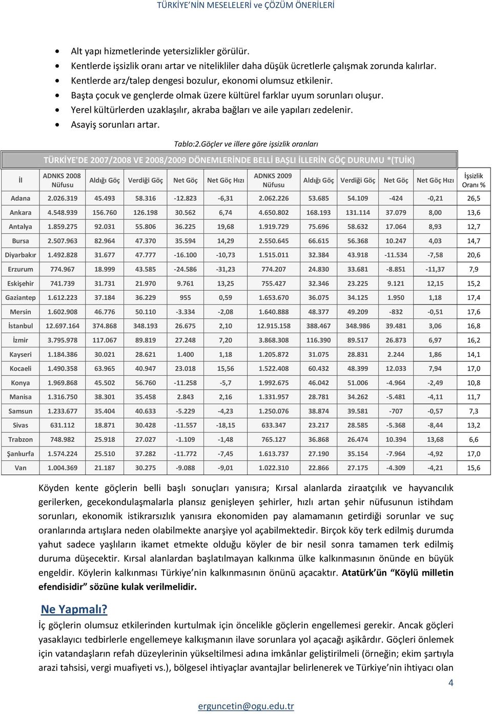 Yerel kültürlerden uzaklaşılır, akraba bağları ve aile yapıları zedelenir. Asayiş sorunları artar. Tablo:2.