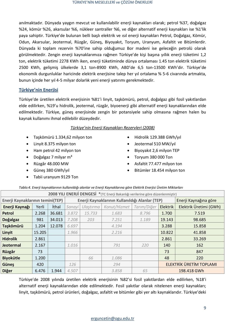 sahiptir. Türkiye de bulunan belli başlı elektrik ve ısıl enerji kaynakları Petrol, Doğalgaz, Kömür, Odun, Akarsular, Jeotermal, Rüzgâr, Güneş, Biyoyakıt, Toryum, Uranyum, Asfaltit ve Bitümlerdir.