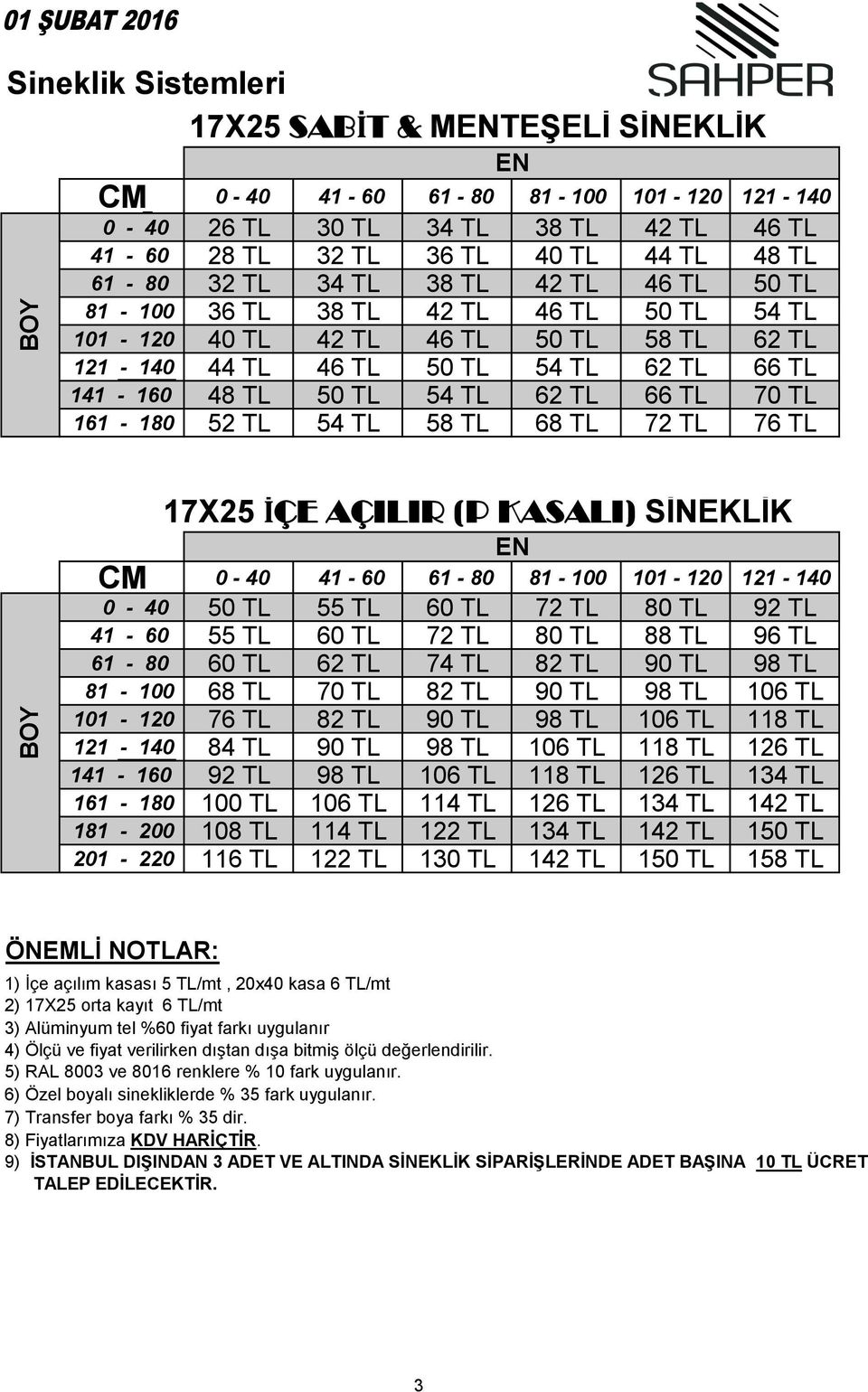 161-180 52 TL 54 TL 58 TL 68 TL 72 TL 76 TL 17X25 İÇE AÇILIR (P KASALI) SİNEKLİK CM 0-40 41-60 61-80 81-100 101-120 121-140 0-40 50 TL 55 TL 60 TL 72 TL 80 TL 92 TL 41-60 55 TL 60 TL 72 TL 80 TL 88