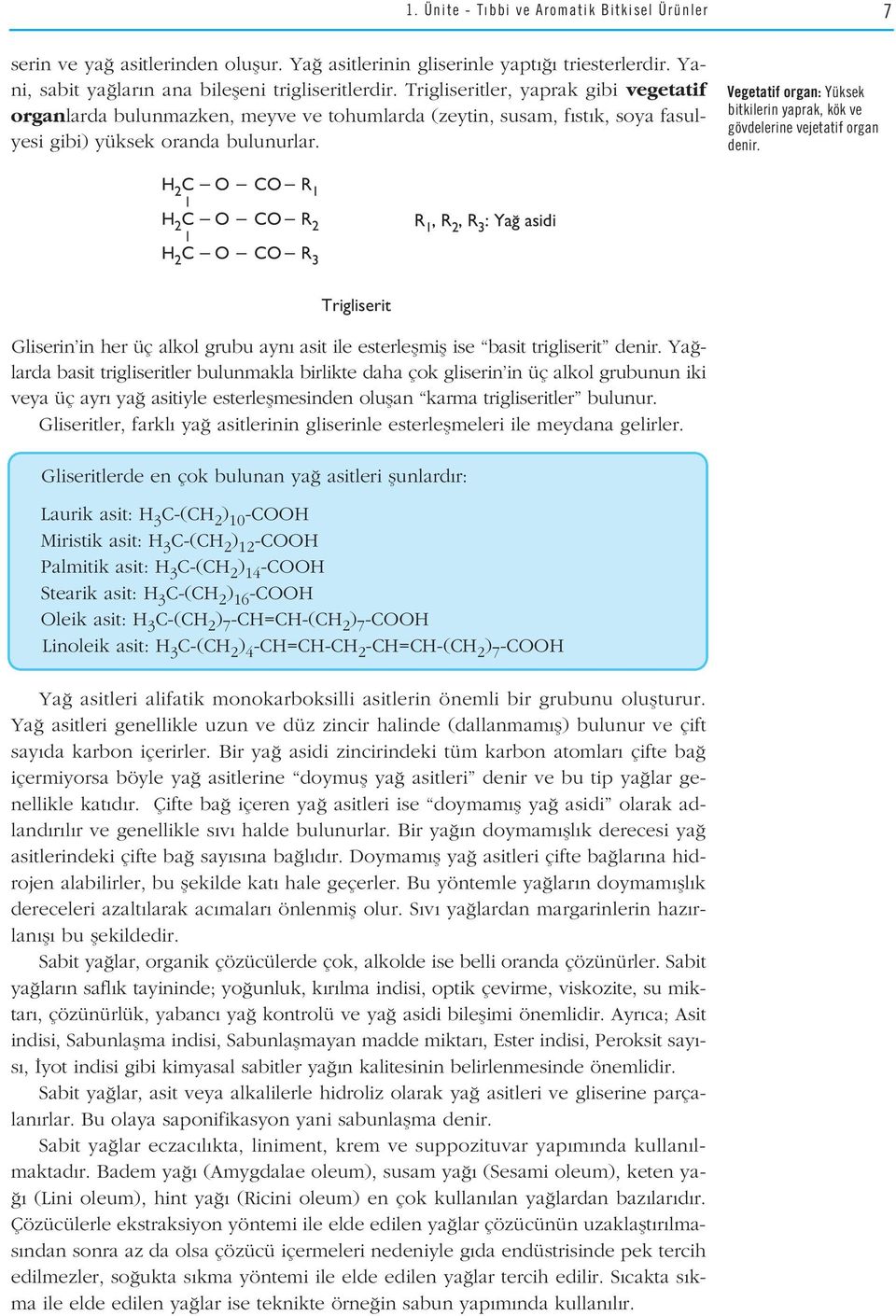 H 2 C _ O _ CO _ R 1 H 2 C _ O _ CO _ R 2 H 2 C _ O _ CO _ R 3 R 1, R 2, R 3 : Ya asidi Vegetatif organ: Yüksek bitkilerin yaprak, kök ve gövdelerine vejetatif organ denir.