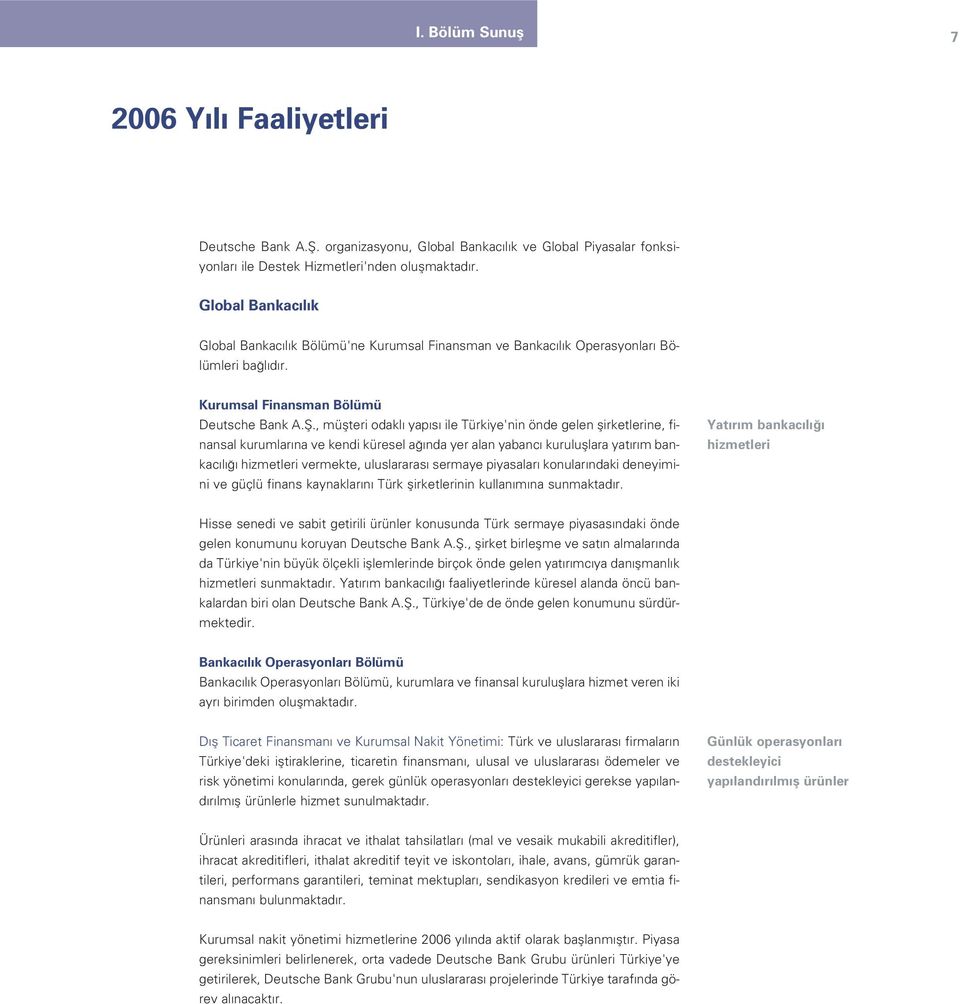 , müflteri odakl yap s ile Türkiye'nin önde gelen flirketlerine, finansal kurumlar na ve kendi küresel a nda yer alan yabanc kurulufllara yat r m bankac l hizmetleri vermekte, uluslararas sermaye