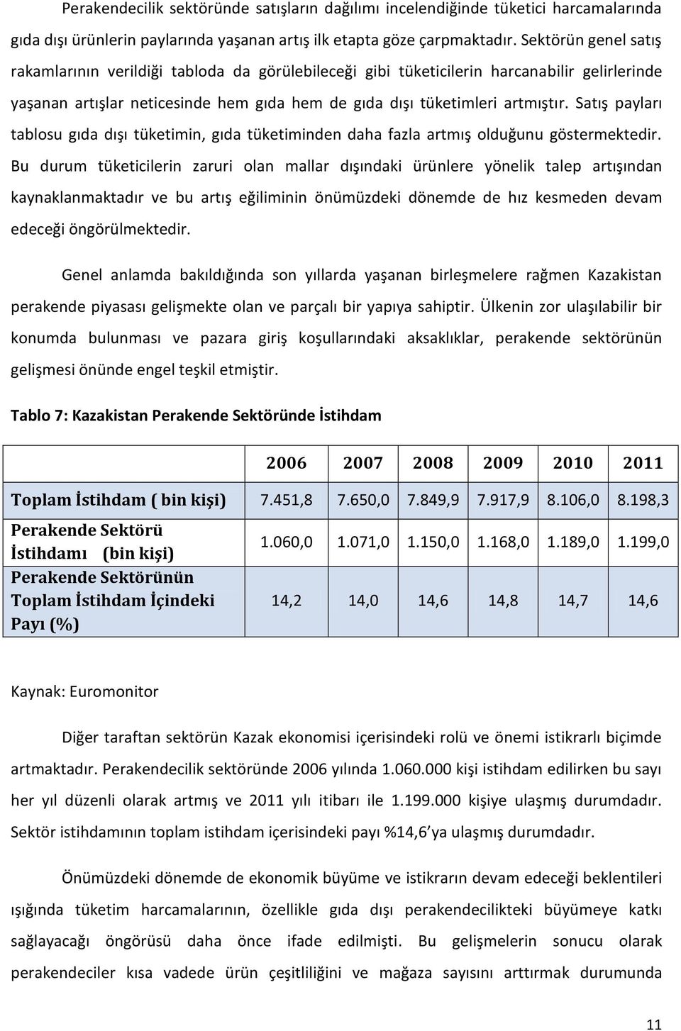 Satış payları tablosu gıda dışı tüketimin, gıda tüketiminden daha fazla artmış olduğunu göstermektedir.