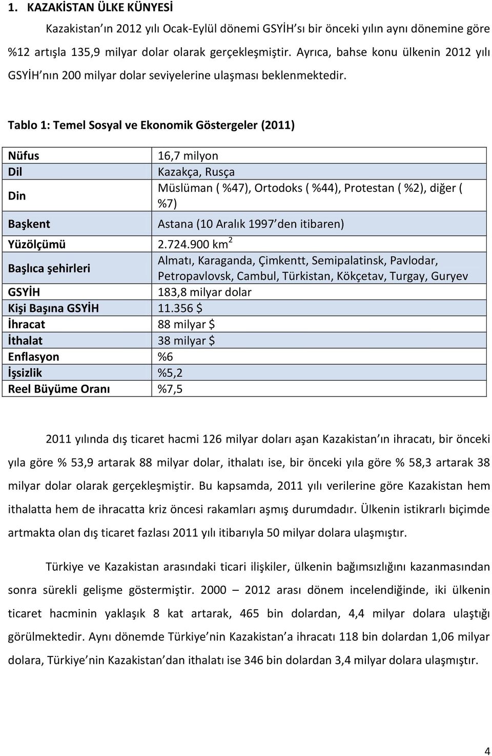 Tablo 1: Temel Sosyal ve Ekonomik Göstergeler (2011) Nüfus Dil Din Başkent 16,7 milyon Kazakça, Rusça Müslüman ( %47), Ortodoks ( %44), Protestan ( %2), diğer ( %7) Astana (10 Aralık 1997 den