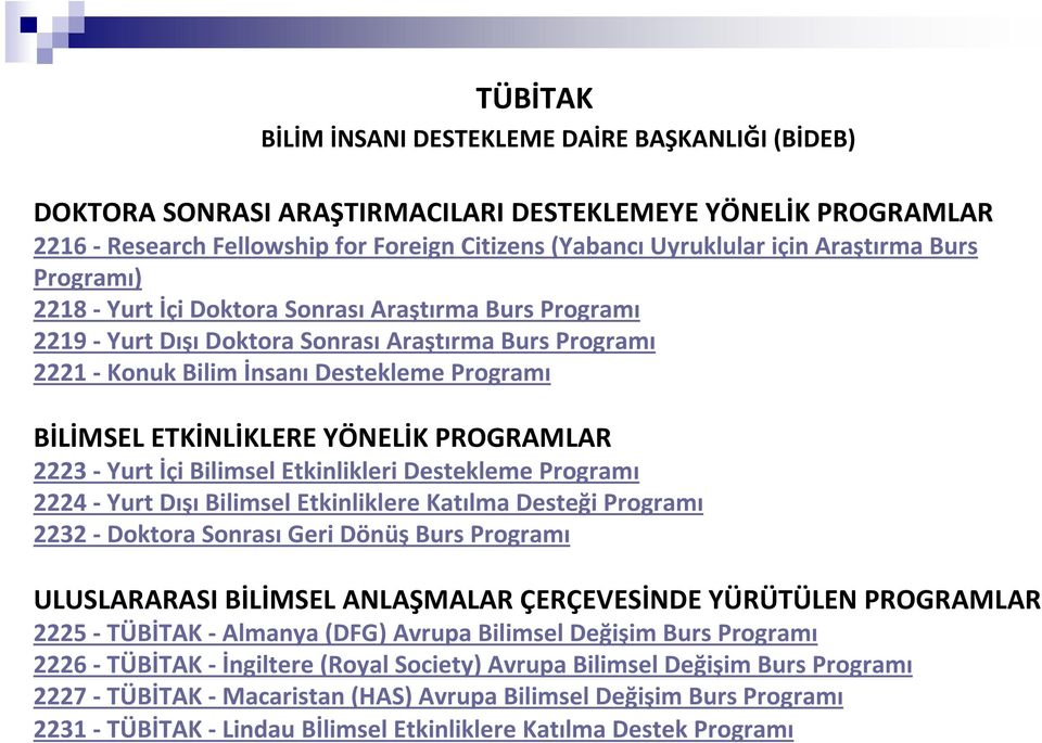 ETKİNLİKLERE YÖNELİK PROGRAMLAR 2223 - Yurt İçi Bilimsel Etkinlikleri Destekleme Programı 2224 - Yurt Dışı Bilimsel Etkinliklere Katılma Desteği Programı 2232 - Doktora Sonrası Geri Dönüş Burs