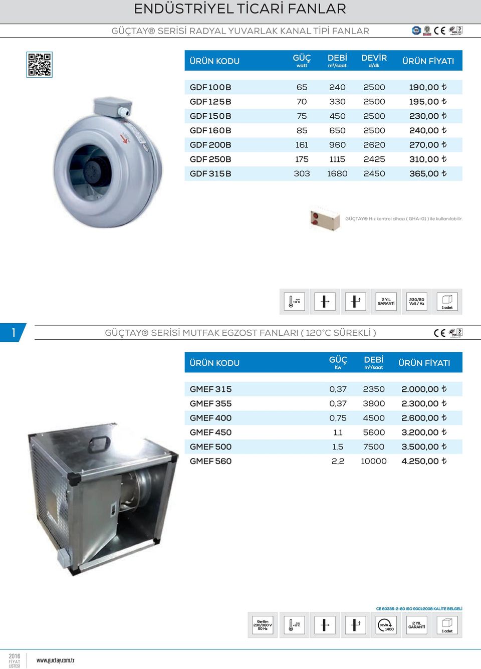 kontrol cihazı ( GHA-01 ) ile kullanılabilir. 1 TAY SERİSİ MUTFAK EGZOST FANLARI ( 120 C SÜREKLİ ) Kw GMEF 3 1 5 0,37 2350 2.