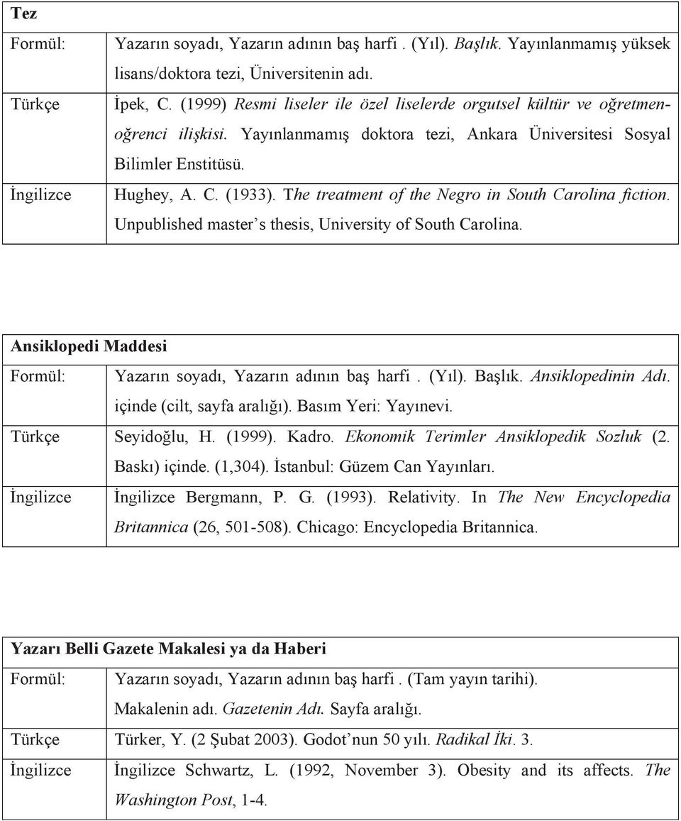 The treatment of the Negro in South Carolina fiction. Unpublished master s thesis, University of South Carolina. Ansiklopedi Maddesi Formül: Yazarın soyadı, Yazarın adının baş harfi. (Yıl). Başlık.