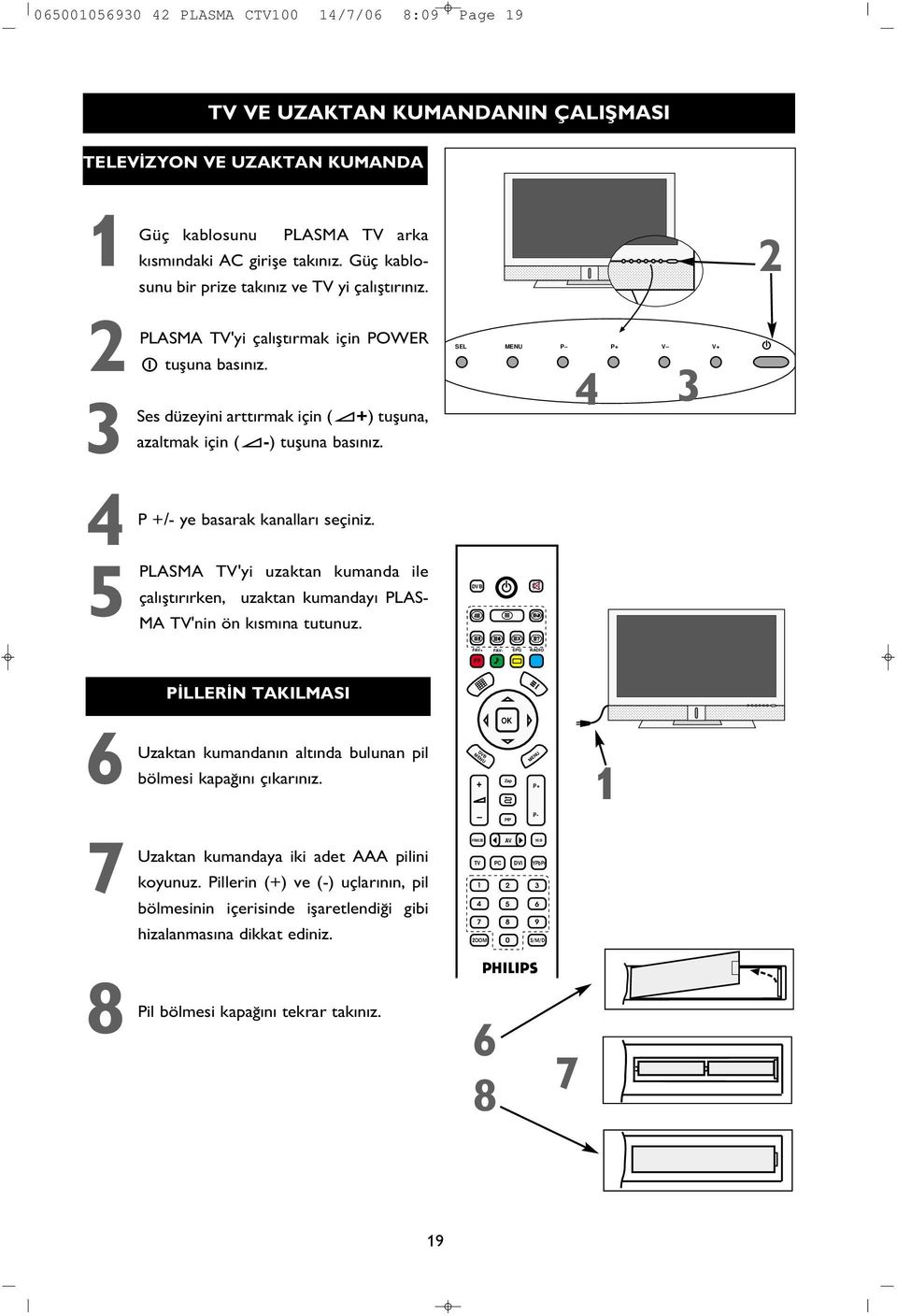 SEL P P+ V V+ P +/- ye basarak kanallar seçiniz. PLASMA TV'yi uzaktan kumanda ile çal flt r rken, uzaktan kumanday PLAS- MA TV'nin ön k sm na tutunuz.