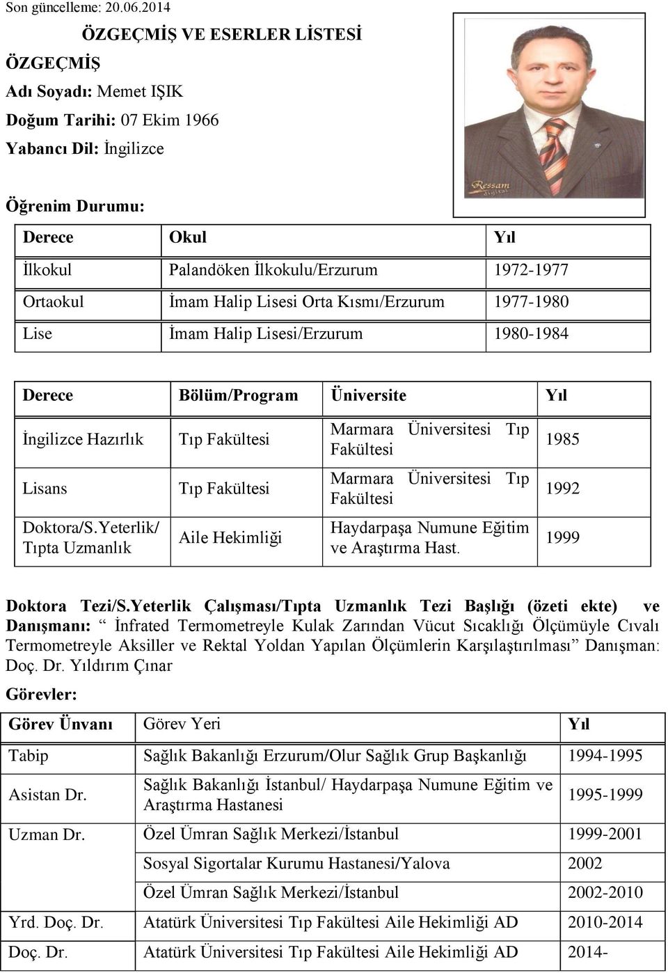 Ortaokul İmam Halip Lisesi Orta Kısmı/Erzurum 1977-1980 Lise İmam Halip Lisesi/Erzurum 1980-1984 Derece Bölüm/Program Üniversite Yıl İngilizce Hazırlık Tıp Fakültesi Marmara Üniversitesi Tıp