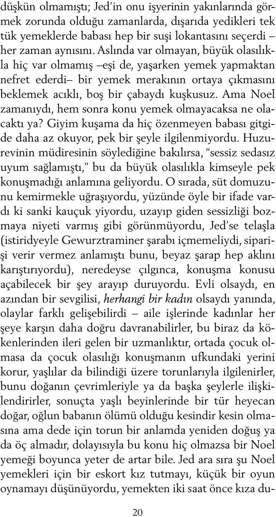 Ama Noel zamanıydı, hem sonra konu yemek olmayacaksa ne olacaktı ya? Giyim kuşama da hiç özenmeyen babası gitgide daha az okuyor, pek bir şeyle ilgilenmiyordu.