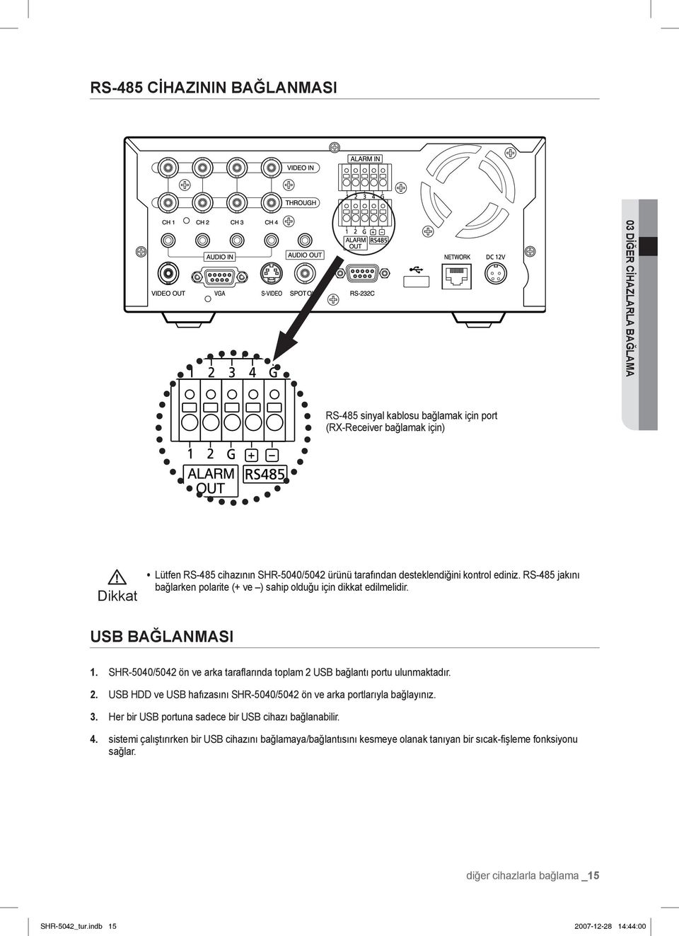 SHR-5040/5042 ön ve arka taraflarında toplam 2 USB bağlantı portu ulunmaktadır. 2. USB HDD ve USB hafızasını SHR-5040/5042 ön ve arka portlarıyla bağlayınız. 3.