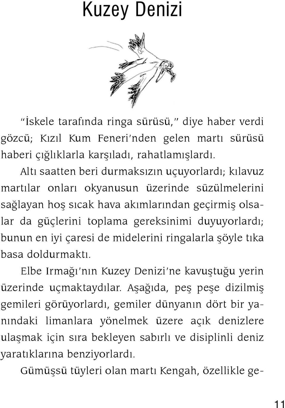 duyuyorlardı; bunun en iyi çaresi de midelerini rin galarla şöyle tıka basa doldurmaktı. Elbe Irmağı nın Kuzey Denizi ne ka vuştuğu yerin üzerinde uçmaktaydılar.