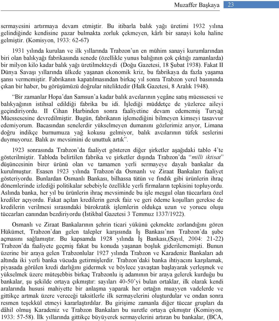 milyon kilo kadar balık yağı üretilmekteydi (Doğu Gazetesi, 18 Şubat 1938). Fakat II Dünya Savaşı yıllarında ülkede yaşanan ekonomik kriz, bu fabrikaya da fazla yaşama şansı vermemiştir.