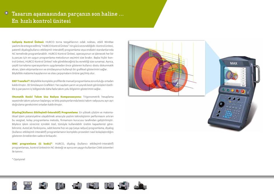 HURCO Kontrol Ünitesi, operasyonun ve işlenecek her bir iş parçası için en uygun programlama metodunun seçimini size bırakır.