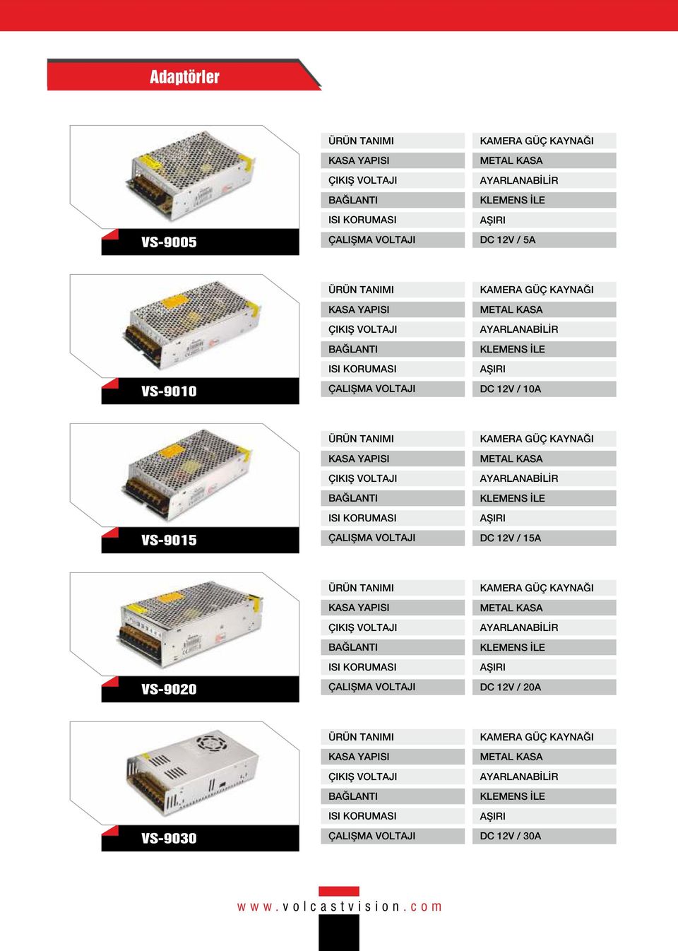 KORUMASI ÇALIŞMA VOLTAJI KAMERA GÜÇ KAYNAĞI KASA AYARLANABİLİR KLEMENS İLE AŞI DC 12V / 15A VS-9020 ÜRÜN TANIMI KASA YAPISI ÇIKIŞ VOLTAJI BAĞLANTI ISI KORUMASI ÇALIŞMA VOLTAJI KAMERA GÜÇ