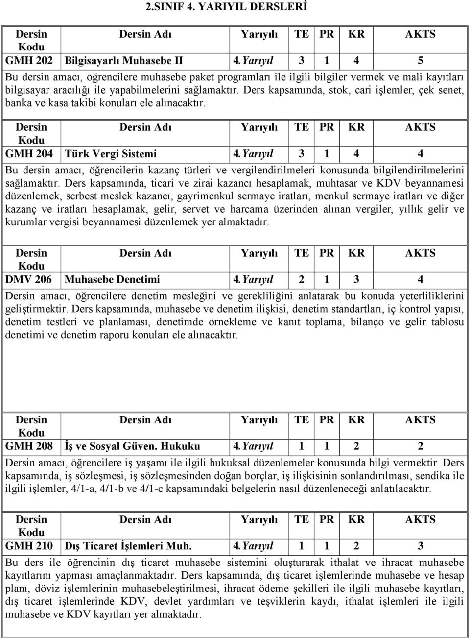 Ders kapsamında, stok, cari işlemler, çek senet, banka ve kasa takibi konuları ele alınacaktır. GMH 204 Türk Vergi Sistemi 4.