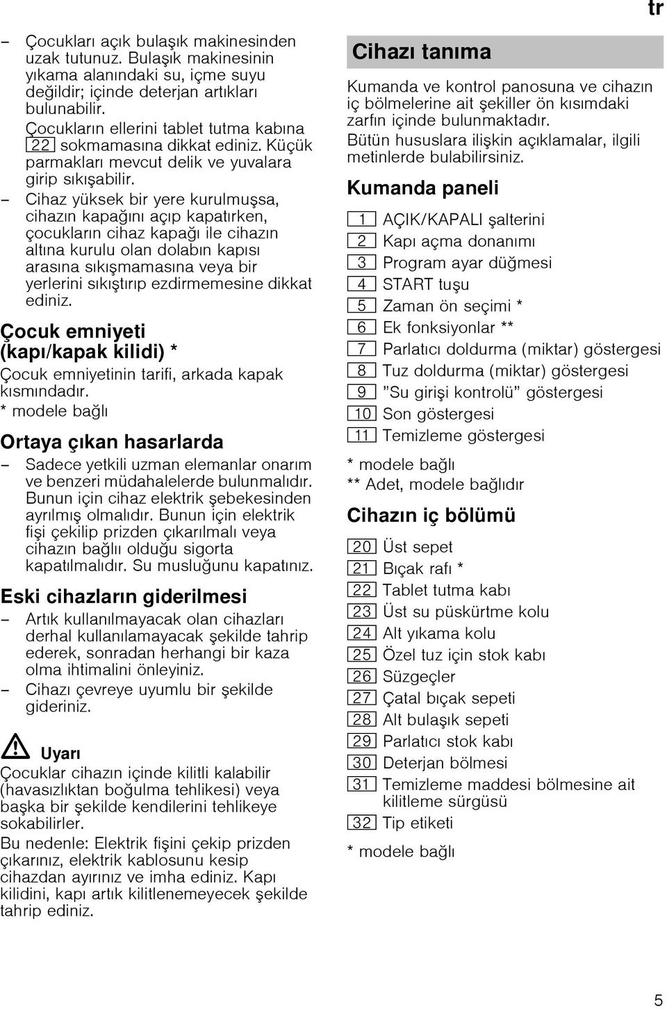 Cihaz yüksek bir yere kurulmusa, cihazın kapaını açıp kapatırken, çocukların cihaz kapaı ile cihazın altına kurulu olan dolabın kapısı arasına sıkımamasına veya bir yerlerini sıkıtırıp ezdirmemesine