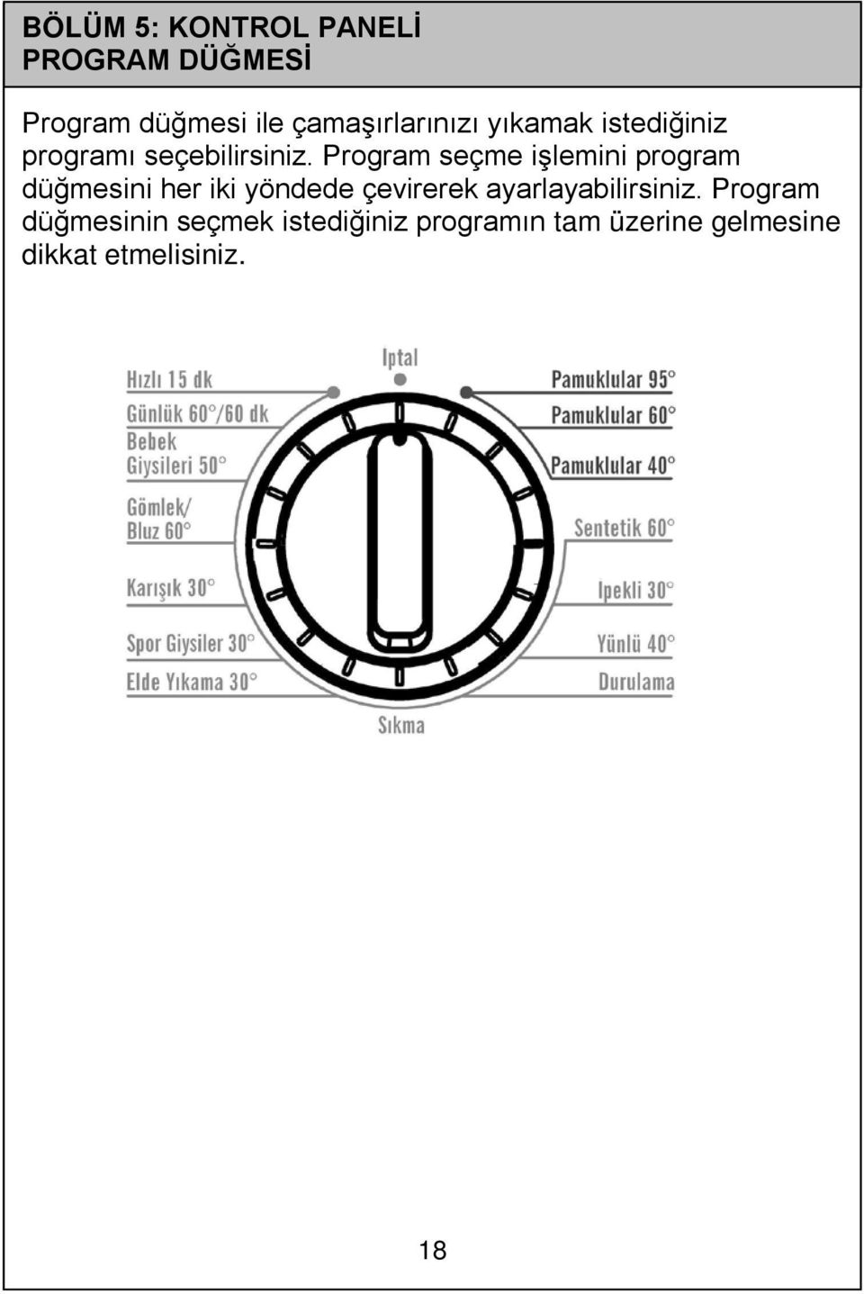 Program seçme işlemini program düğmesini her iki yöndede çevirerek