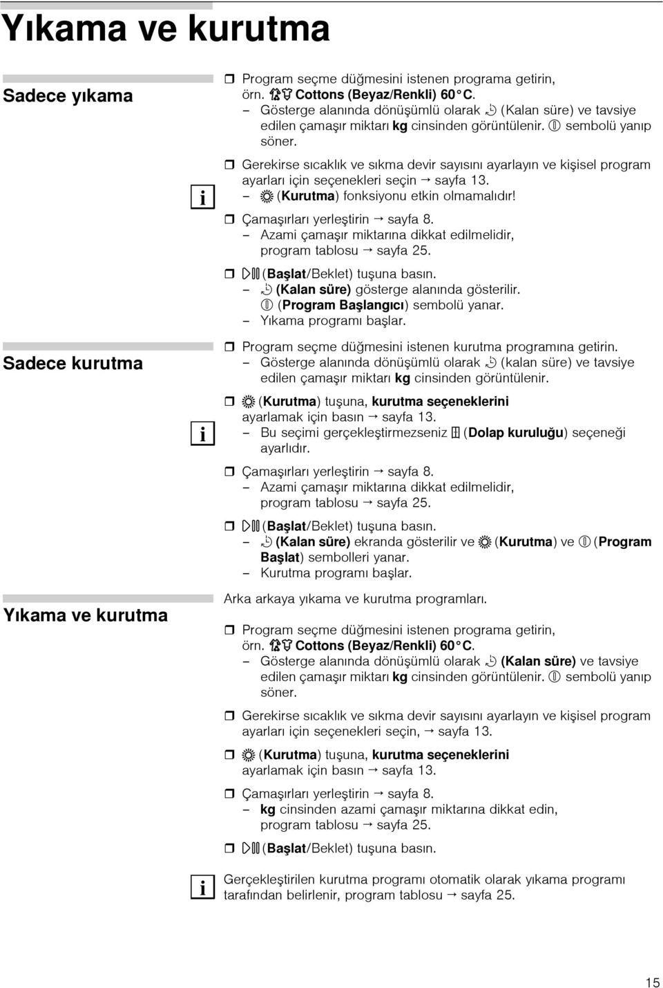 Gerekirse sıcaklık ve sıkma devir sayısını ayarlayın ve kişisel program ayarları için seçenekleri seçin sayfa 13. 5 (Kurutma) fonksiyonu etkin olmamalıdır! Çamaşırları yerleştirin sayfa 8.