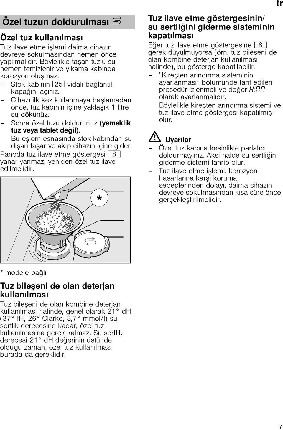 Cihazı ilk kez kullanmaya balamadan önce, tuz kabının içine yaklaık 1 litre su dökünüz. Sonra özel tuzu doldurunuz (yemeklik tuz veya tablet deil).