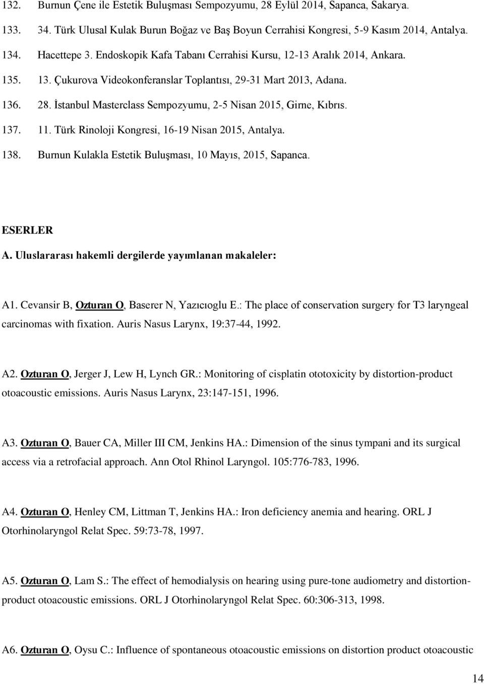 İstanbul Masterclass Sempozyumu, 2-5 Nisan 2015, Girne, Kıbrıs. 137. 11. Türk Rinoloji Kongresi, 16-19 Nisan 2015, Antalya. 138. Burnun Kulakla Estetik Buluşması, 10 Mayıs, 2015, Sapanca. ESERLER A.