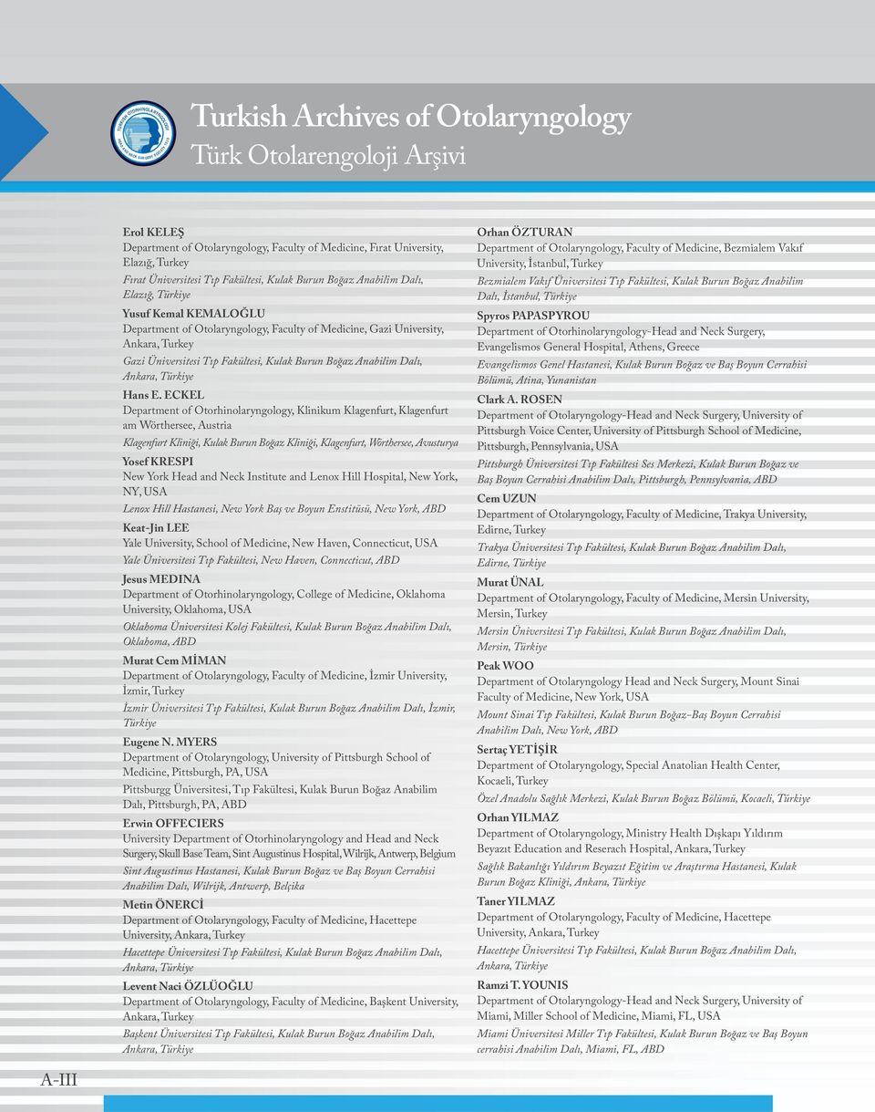 ECKEL Department of Otorhinolaryngology, Klinikum Klagenfurt, Klagenfurt am Wörthersee, Austria Klagenfurt Kliniği, Kulak Burun Boğaz Kliniği, Klagenfurt, Wörthersee, Avusturya Yosef KRESPI New York