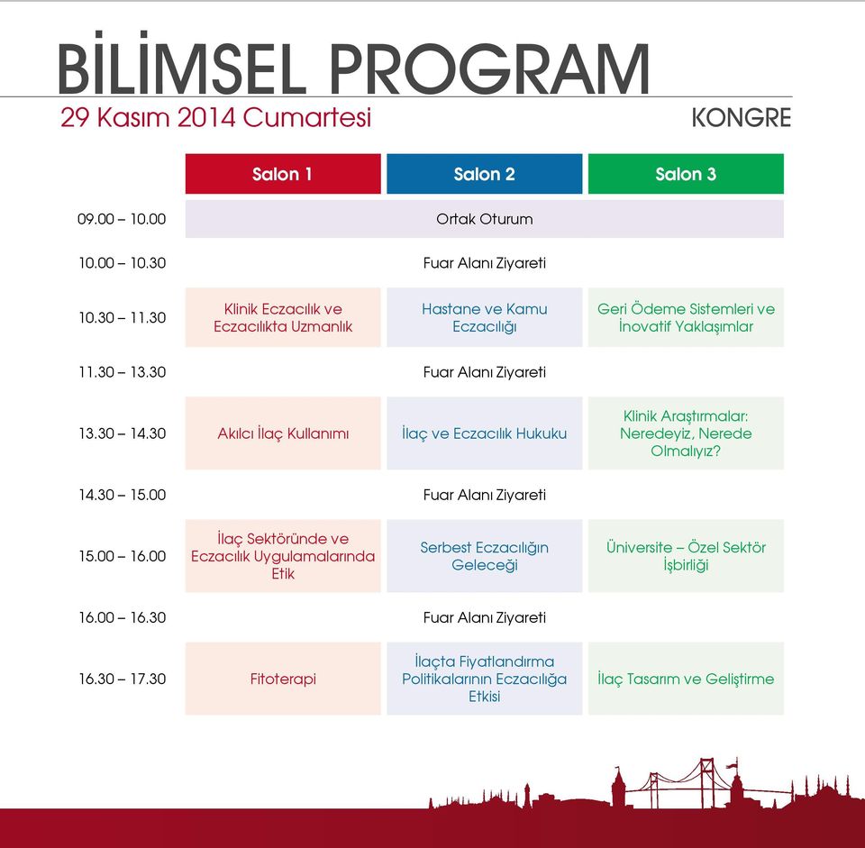 30 Akılcı İlaç Kullanımı İlaç ve Eczacılık Hukuku Klinik Araştırmalar: Neredeyiz, Nerede Olmalıyız? 14.30 15.00 Fuar Alanı Ziyareti 15.00 16.