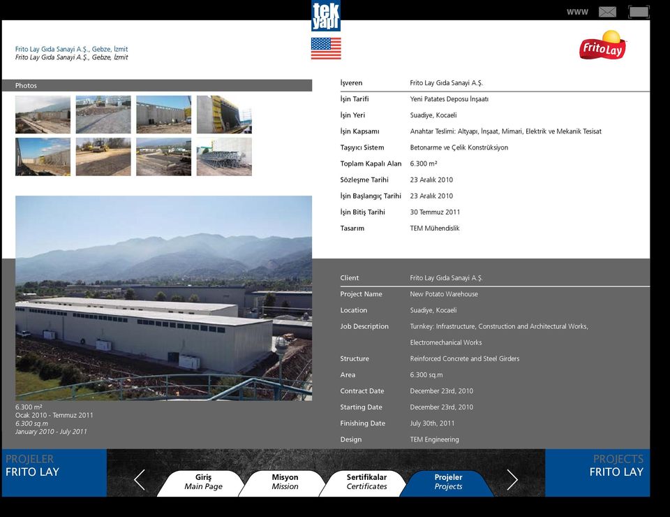Konstrüksiyon 6.300 m² 23 Aralık 2010 23 Aralık 2010 30 Temmuz 2011 TEM Mühendislik 6.300 m² Ocak 2010 - Temmuz 2011 6.300 sq.
