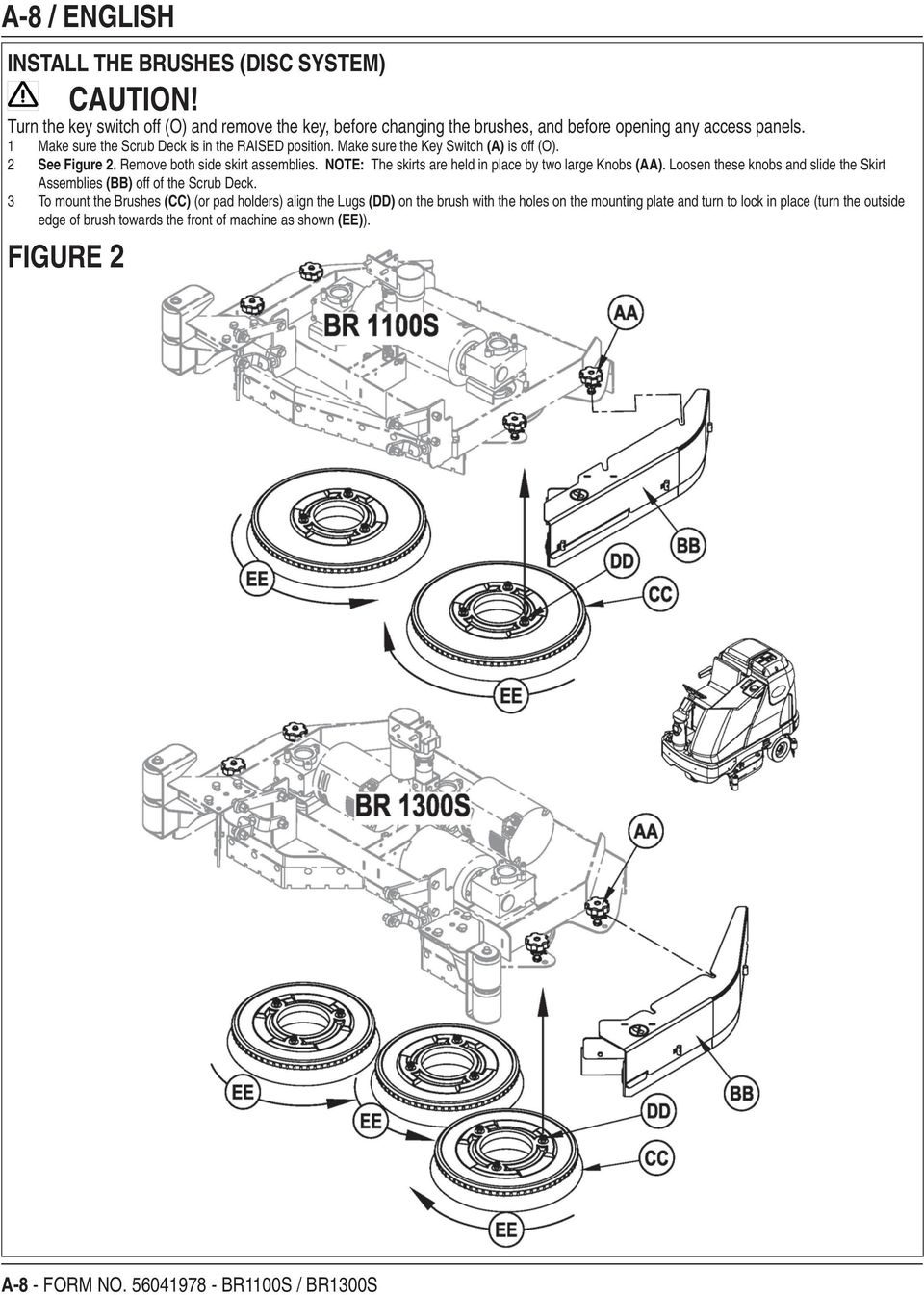 NOTE: The skirts are held in place by two large Knobs (AA). Loosen these knobs and slide the Skirt Assemblies (BB) off of the Scrub Deck.