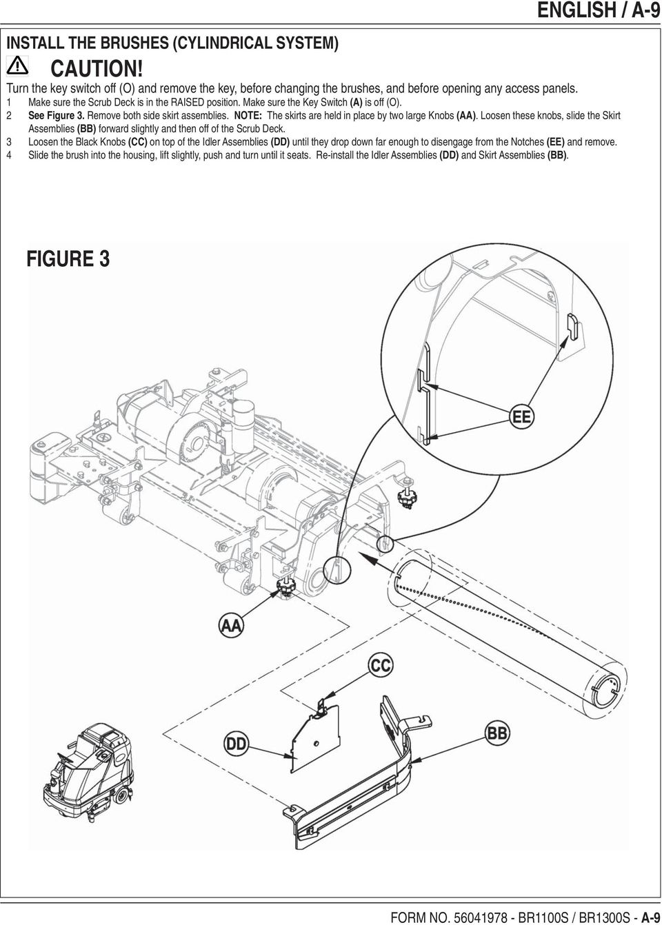 NOTE: The skirts are held in place by two large Knobs (AA). Loosen these knobs, slide the Skirt Assemblies (BB) forward slightly and then off of the Scrub Deck.