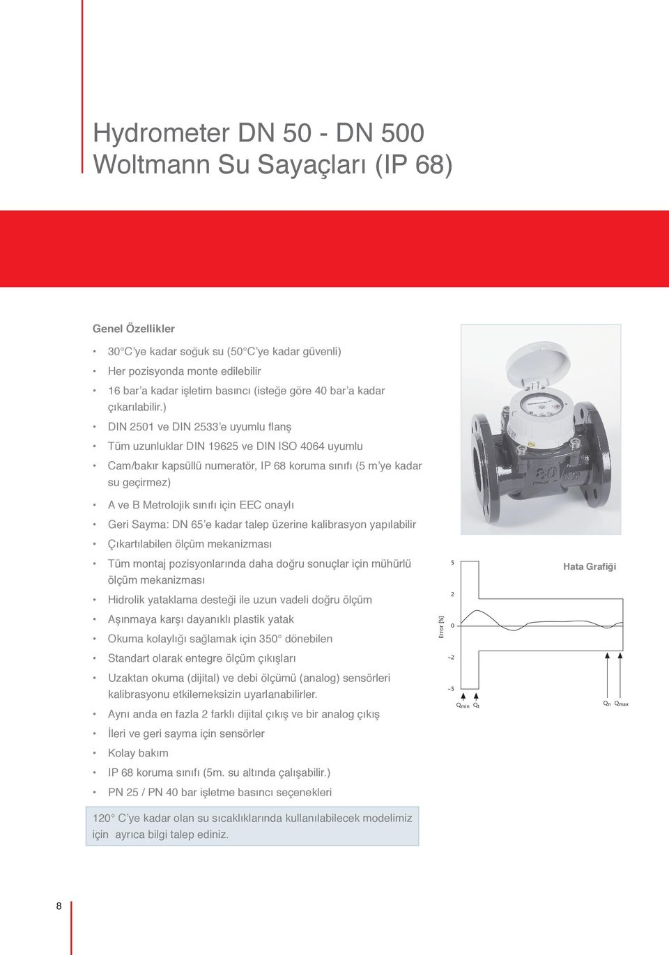 ) DIN 2501 ve DIN 2533 e uyumlu flanş Tüm uzunluklar DIN 19625 ve DIN ISO 4064 uyumlu Cam/bakır kapsüllü numeratör, IP 68 koruma sınıfı (5 m ye kadar su geçirmez) A ve B Metrolojik sınıfı için EEC