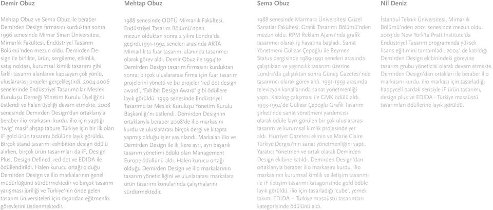 Demirden Design ile birlikte, ürün, sergileme, etkinlik, satış noktası, kurumsal kimlik tasarımı gibi farklı tasarım alanlarını kapsayan çok yönlü, uluslararası projeler gerçekleştirdi.