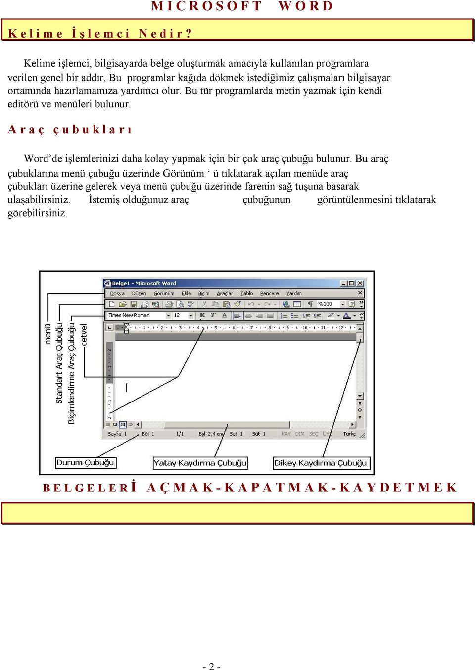 yardımcı olur Bu tür programlarda metin yazmak için kendi editörü ve menüleri bulunur A r a ç ç u b u k l a r ı Word de işlemlerinizi daha kolay yapmak için bir çok araç çubuğu bulunur Bu