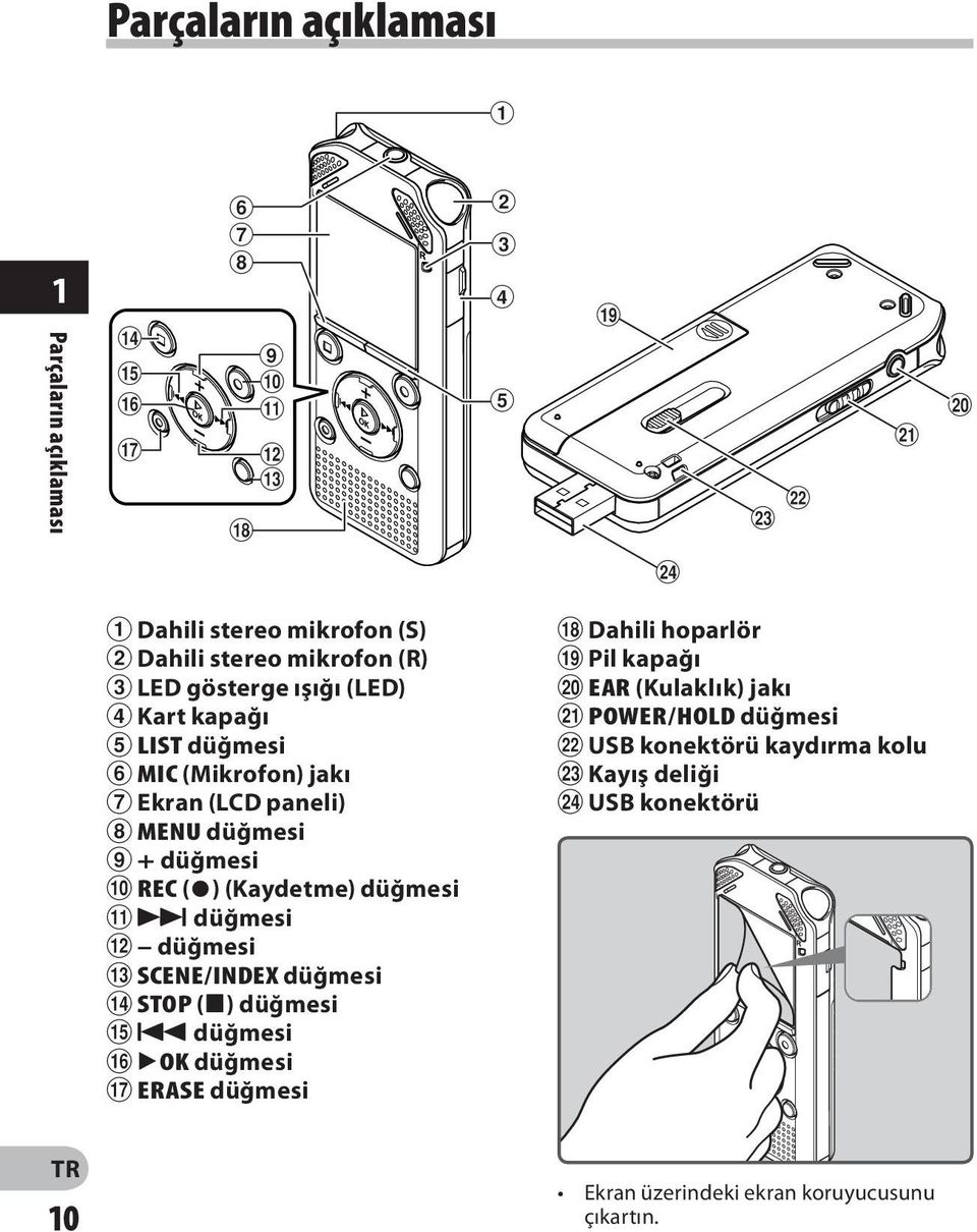 (Mikrofon) jakı 7 Ekran (LCD paneli) 8 MENU düğmesi 9 + düğmesi 0 REC (s) (Kaydetme) düğmesi!