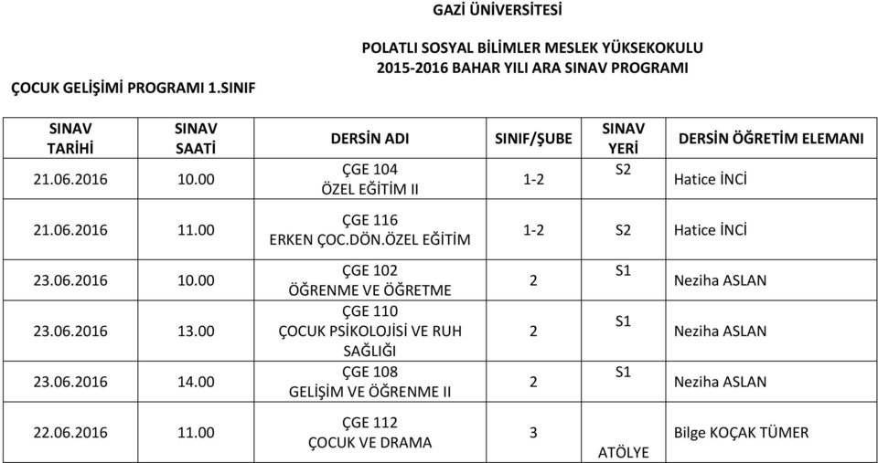 00 ÇGE 104 ÖZEL EĞİTİM II ÇGE 116 ERKEN ÇOC.DÖN.