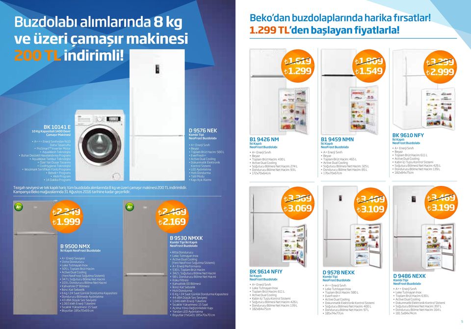 Teknolojisi Özel Yan Duvar Tasarımı CoolHygiene Teknolojisi Woolmark Sertifikalı Yünlü Programı Bebek+ Programı Akıllı Program 14 Dakika Programı D 9576 NEK Kombi Tipi A+ Enerji Beyaz Toplam Brüt