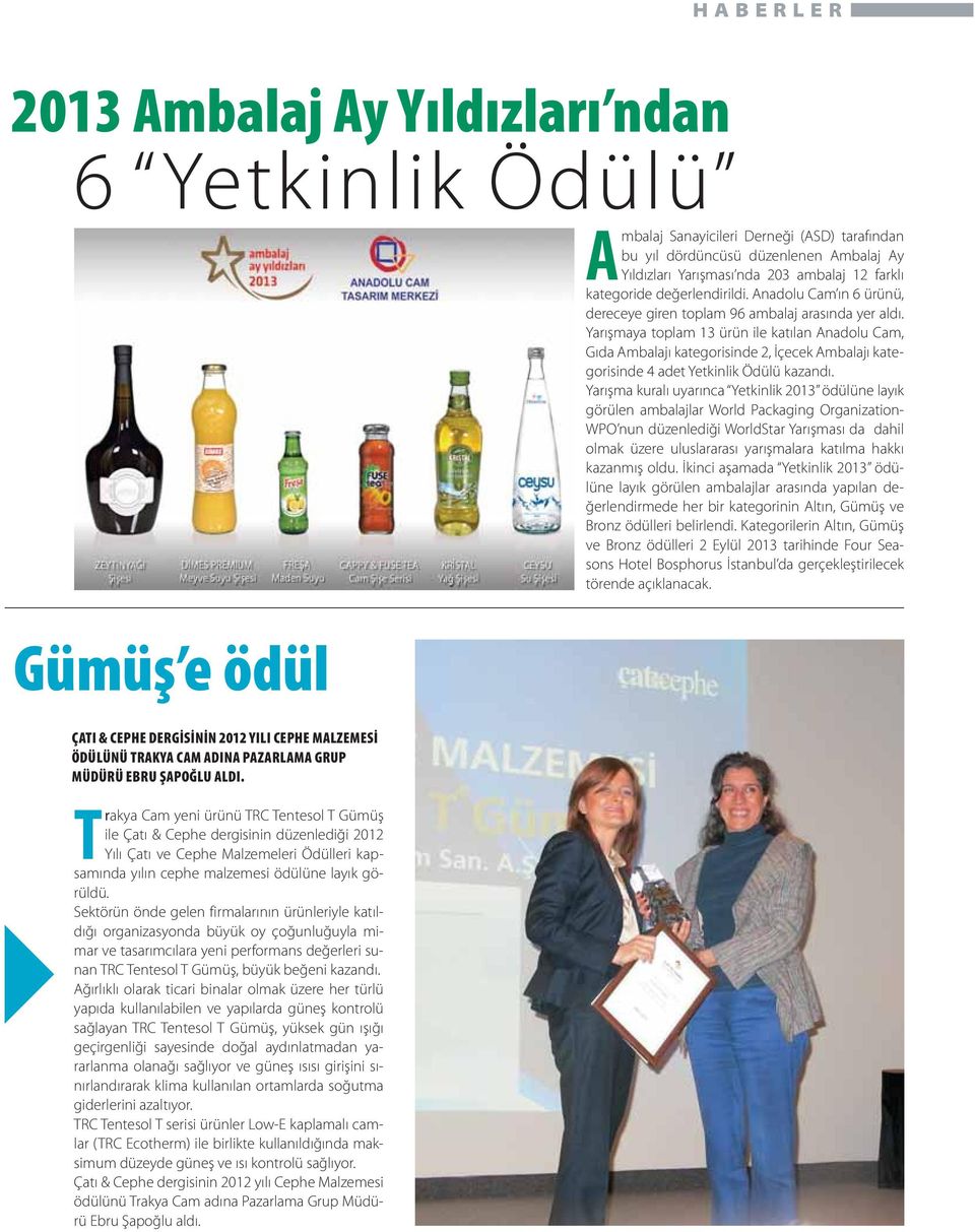 Yarışmaya toplam 13 ürün ile katılan Anadolu Cam, Gıda Ambalajı kategorisinde 2, İçecek Ambalajı kategorisinde 4 adet Yetkinlik Ödülü kazandı.