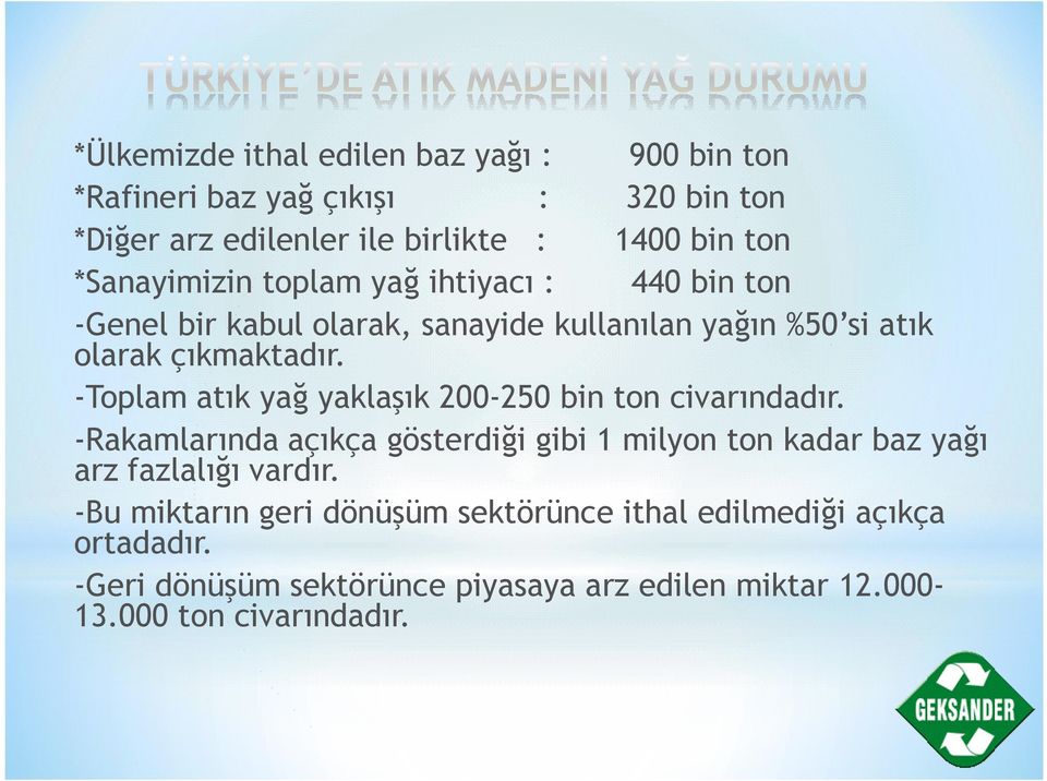 -Toplam atık yağ yaklaşık 200-250 bin ton civarındadır.