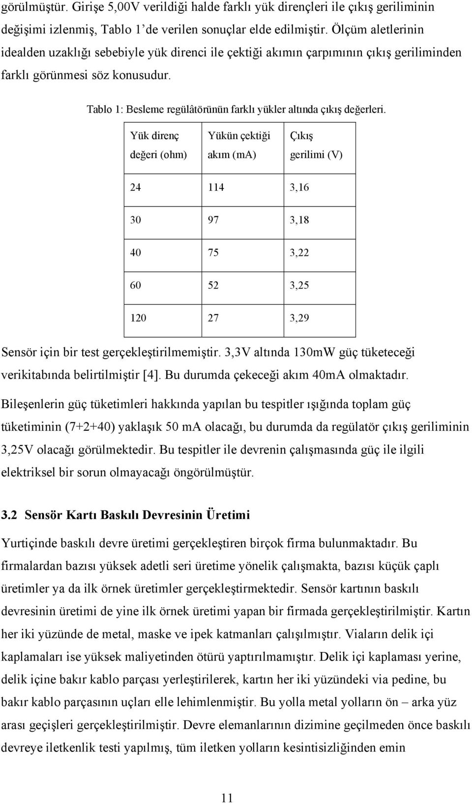 Tablo 1: Besleme regülâtörünün farklı yükler altında çıkış değerleri.