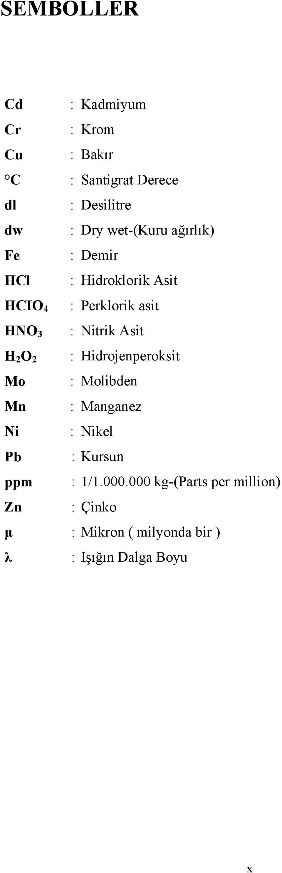 Asit : Perklorik asit : Nitrik Asit : Hidrojenperoksit : Molibden : Manganez : Nikel :