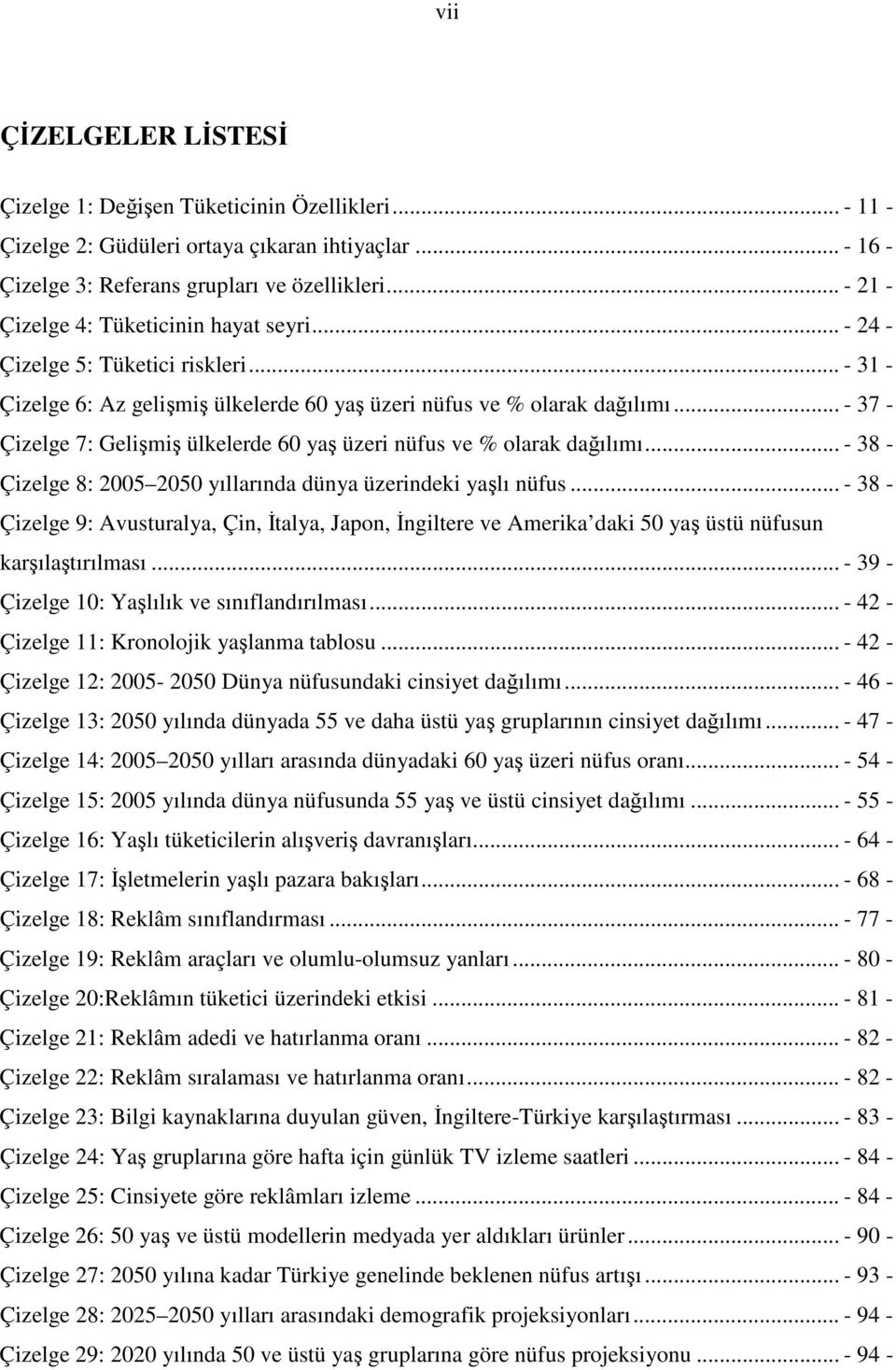 .. - 37 - Çizelge 7: Gelimi ülkelerde 60 ya üzeri nüfus ve % olarak daılımı... - 38 - Çizelge 8: 2005 2050 yıllarında dünya üzerindeki yalı nüfus.